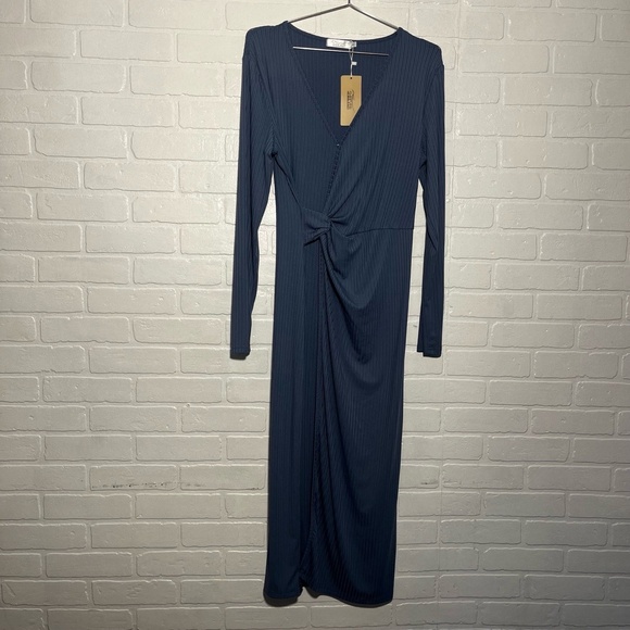 Shibever Womens Midi Dress Blue Ribbed Knit Twist Front Bodycon Draped Large NWT - Picture 3 of 9